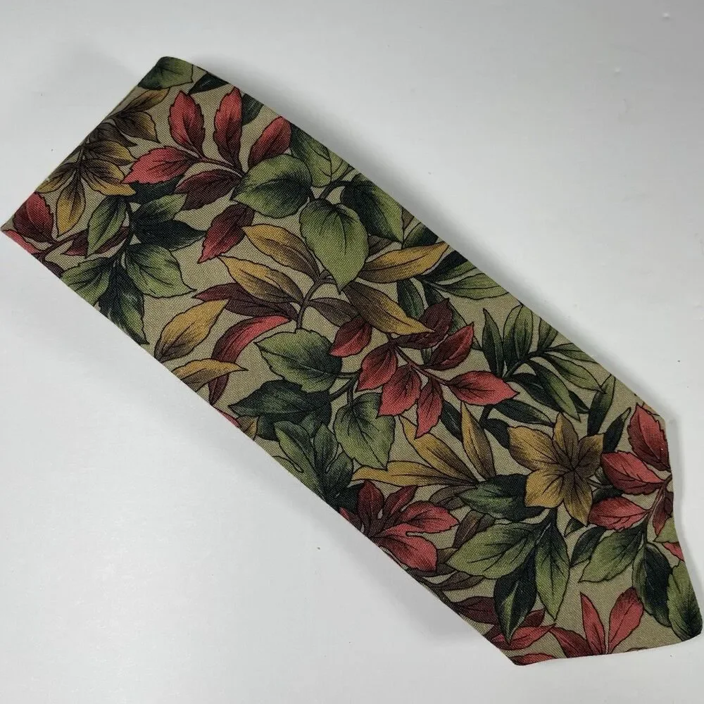Vtg 417 by Van Heusen Mens Tie Cotton Floral Leaf Botanical Earth Tones Made USA